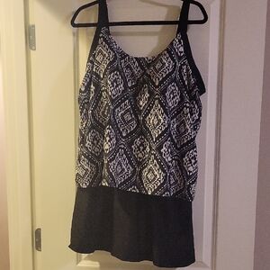 Catherines Black and White Geometric Swim Dress